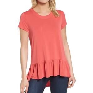 Nordstrom's Chelsea28 Coral Hibiscus Ruffle Hem Tee Size Medium